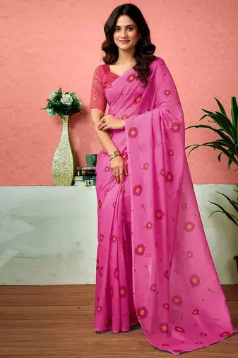 Pink floral printed ready to wear saree with unstitched blouse