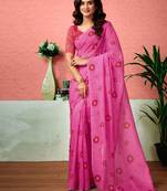 Pink floral printed ready to wear saree with unstitched blouse