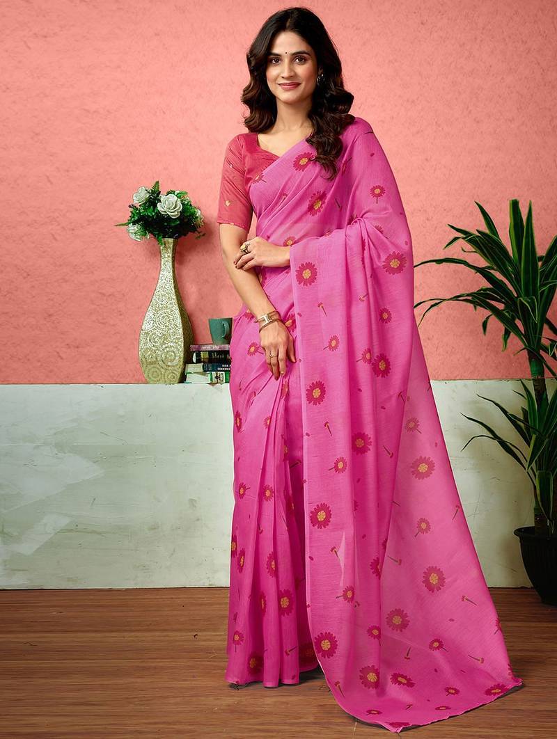 Pink floral printed ready to wear saree with unstitched blouse