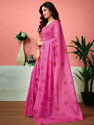 Pink floral printed ready to wear saree with unstitched blouse 2