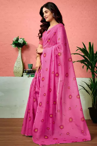 Pink floral printed ready to wear saree with unstitched blouse