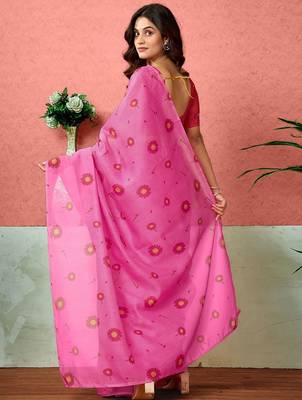 Pink floral printed ready to wear saree with unstitched blouse 3
