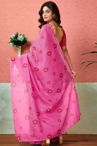 Pink floral printed ready to wear saree with unstitched blouse