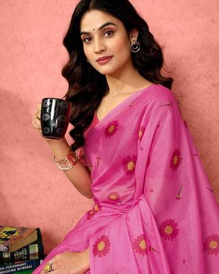 Pink floral printed ready to wear saree with unstitched blouse 4