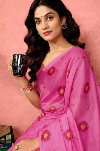 Pink floral printed ready to wear saree with unstitched blouse