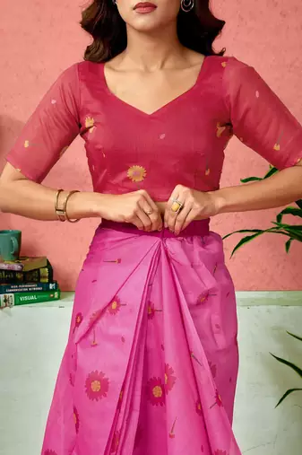 Pink floral printed ready to wear saree with unstitched blouse