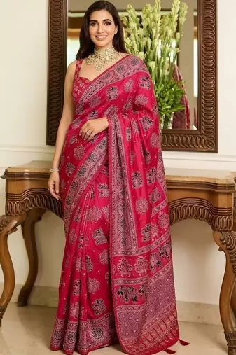 Pink ajrak block mirror work bandhani saree