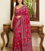 Pink ajrak block mirror work bandhani saree