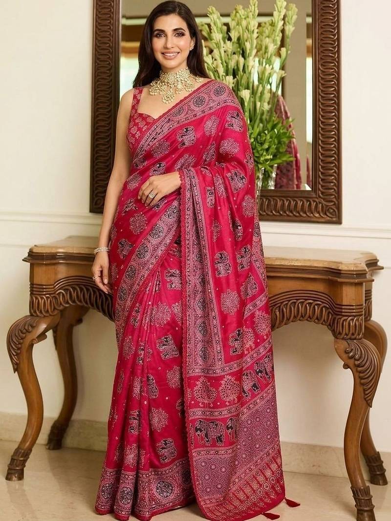 Pink ajrak block mirror work bandhani saree