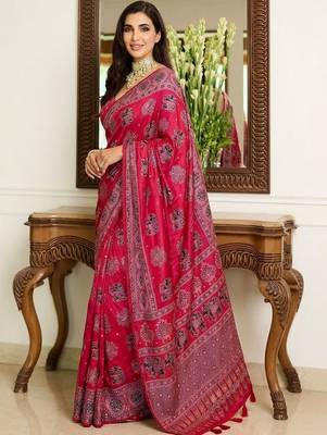 Pink ajrak block mirror work bandhani saree 2