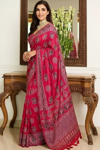 Pink ajrak block mirror work bandhani saree