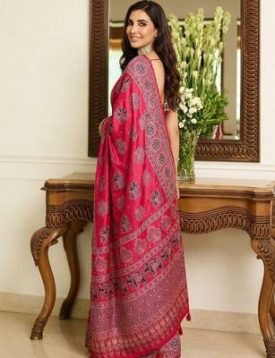 Pink ajrak block mirror work bandhani saree 3