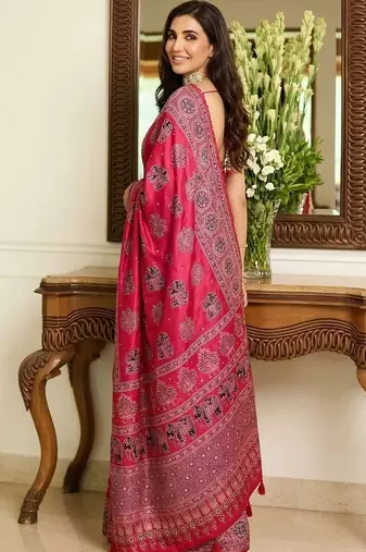 Pink ajrak block mirror work bandhani saree