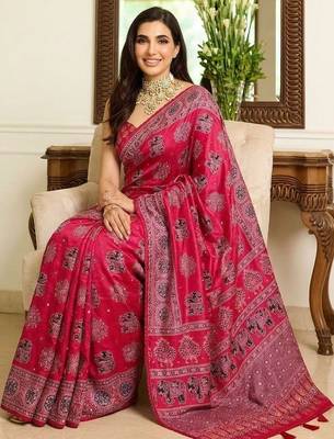Pink ajrak block mirror work bandhani saree 4