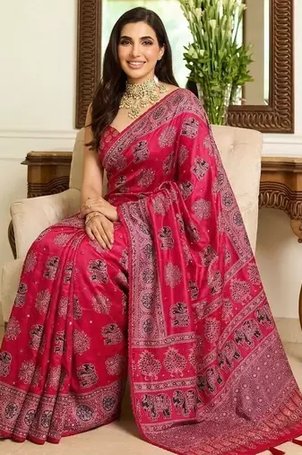 Pink ajrak block mirror work bandhani saree