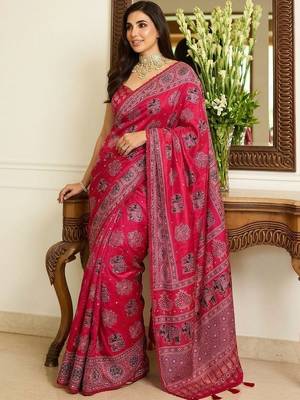 Pink ajrak block mirror work bandhani saree 5