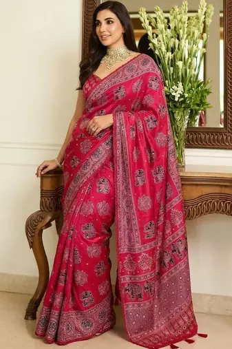 Pink ajrak block mirror work bandhani saree