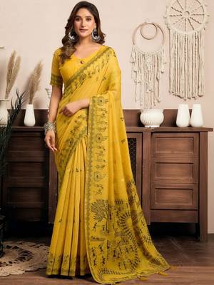 Mustard printed warli work saree with unstiched blouse 1