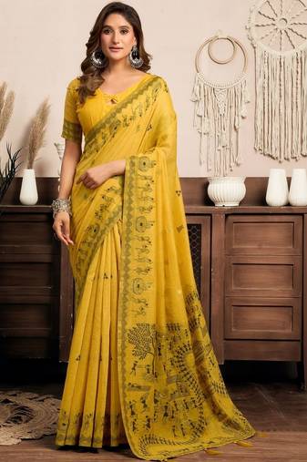 Mustard printed warli work saree with unstiched blouse