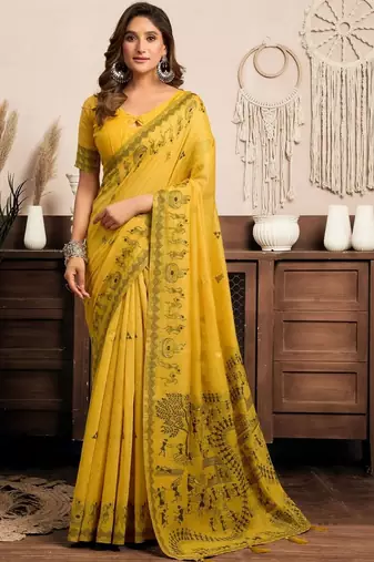 Mustard printed warli work saree with unstiched blouse