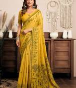 Mustard printed warli work saree with unstiched blouse