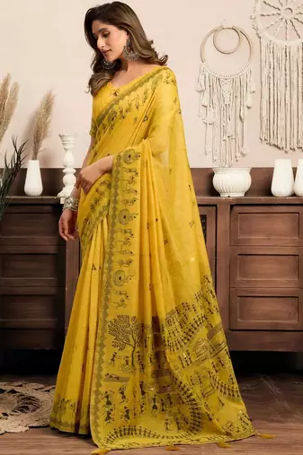 Mustard printed warli work saree with unstiched blouse