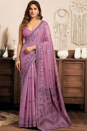 Lavender printed warli work saree with unstiched blouse