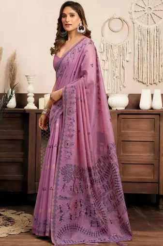 Lavender printed warli work saree with unstiched blouse
