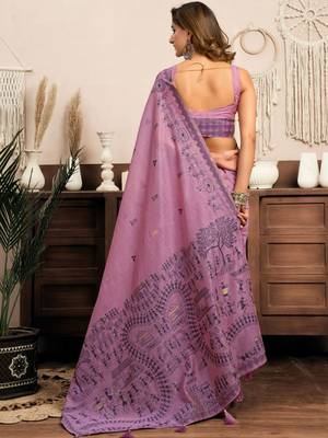 Lavender printed warli work saree with unstiched blouse 3
