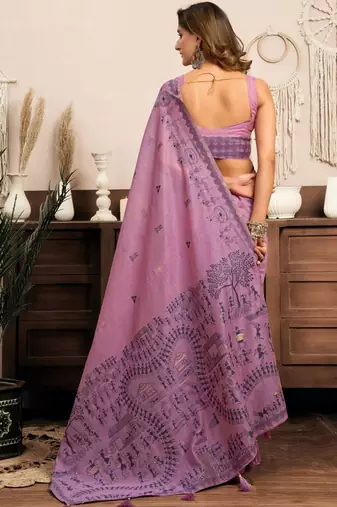 Lavender printed warli work saree with unstiched blouse