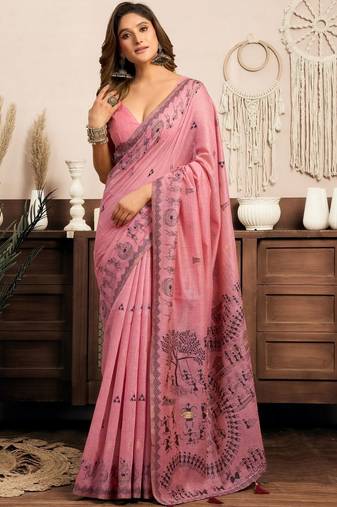 Pink printed warli work saree with unstiched blouse