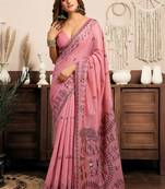 Pink printed warli work saree with unstiched blouse
