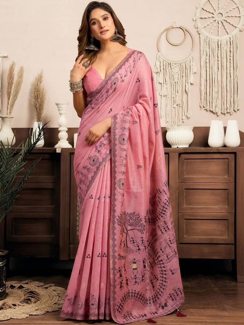 Pink printed warli work saree with unstiched blouse