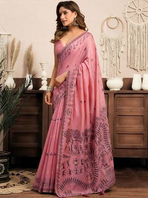 Pink printed warli work saree with unstiched blouse 2