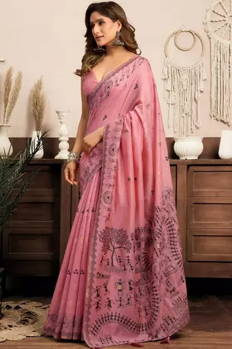Pink printed warli work saree with unstiched blouse
