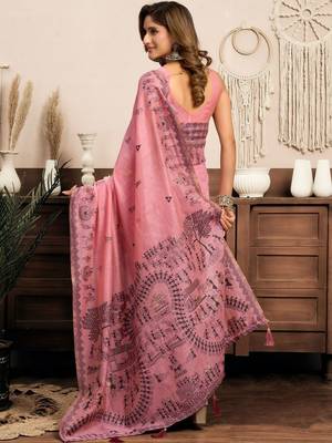 Pink printed warli work saree with unstiched blouse 3