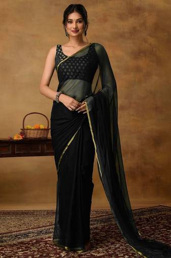 Black chiffon zari border  saree with unstitched blouse piece