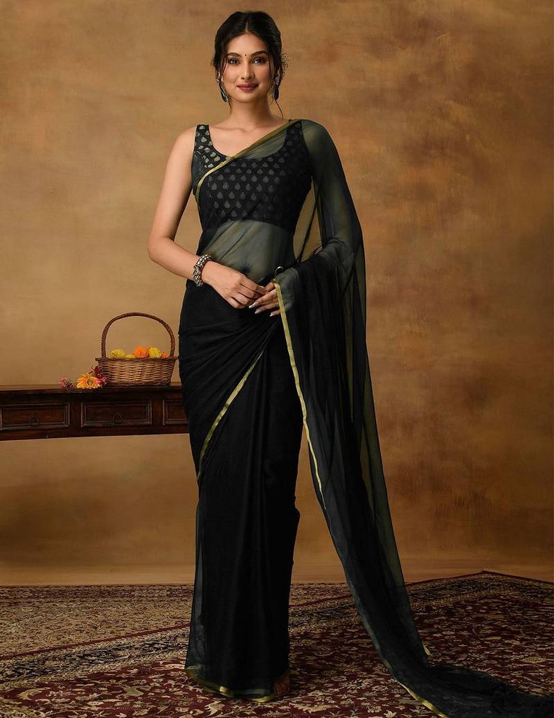 Black chiffon zari border  saree with unstitched blouse piece