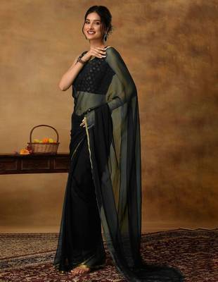 Black chiffon zari border  saree with unstitched blouse piece 2