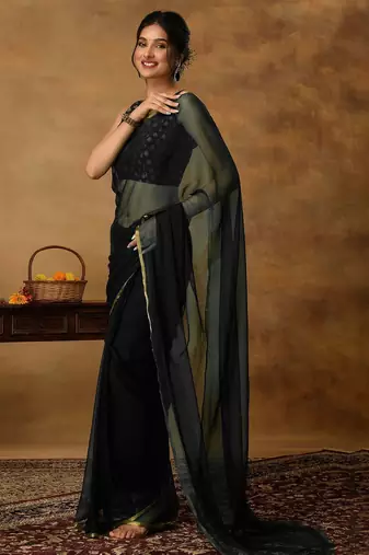 Black chiffon zari border  saree with unstitched blouse piece