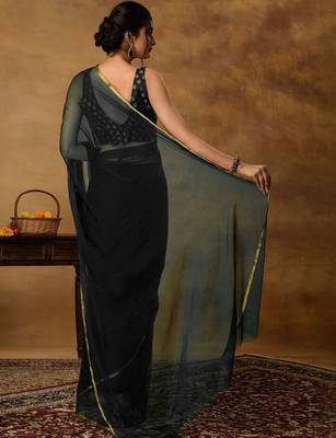 Black chiffon zari border  saree with unstitched blouse piece 3