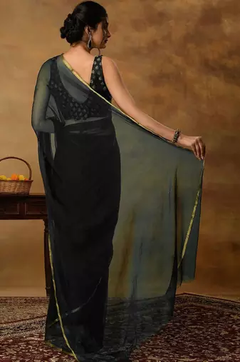Black chiffon zari border  saree with unstitched blouse piece