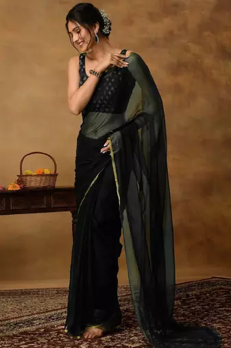 Black chiffon zari border  saree with unstitched blouse piece