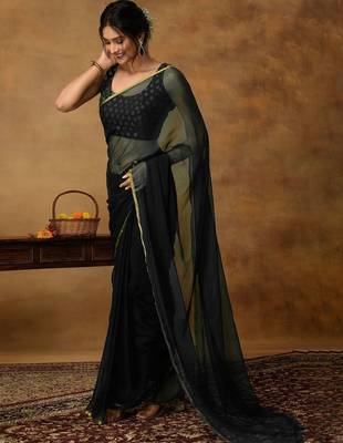 Black chiffon zari border  saree with unstitched blouse piece 5