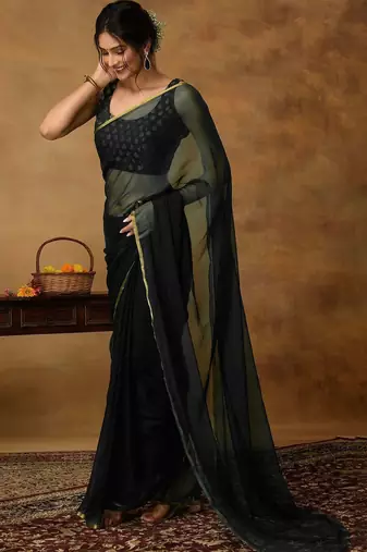Black chiffon zari border  saree with unstitched blouse piece