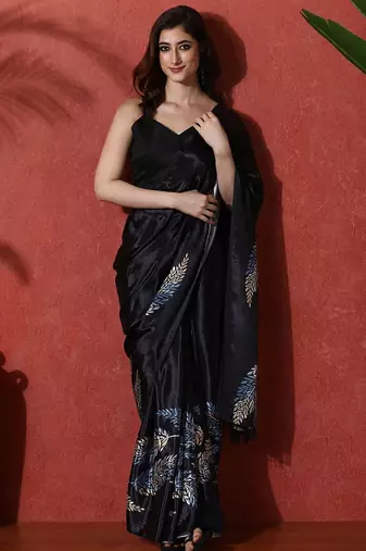 Black ready to wear satin floral digital printed saree
