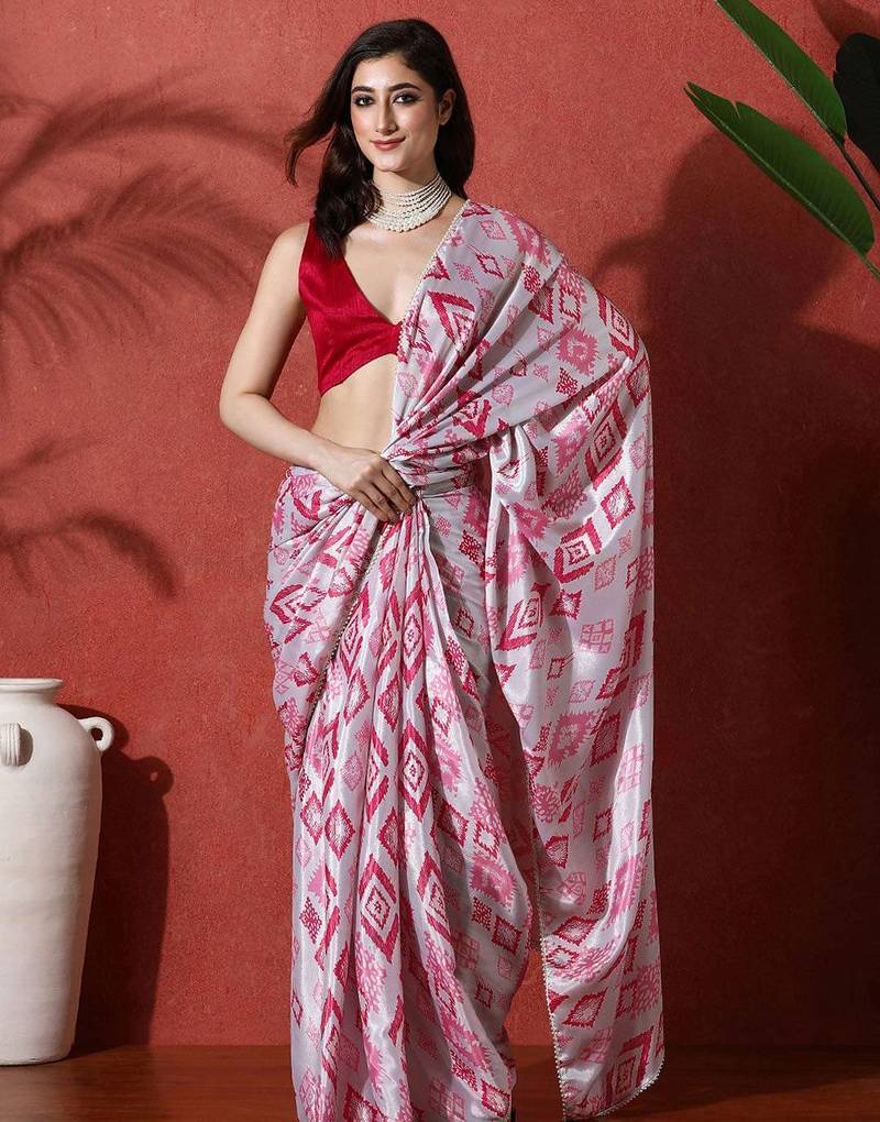 Pink ready to wear satin floral digital printed saree
