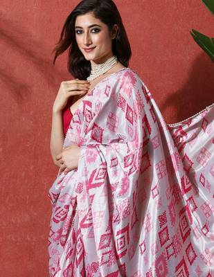 Pink ready to wear satin floral digital printed saree 4