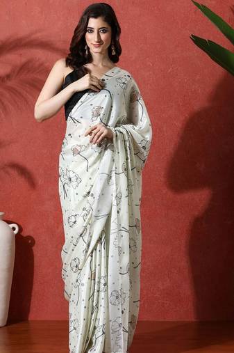 Lime ready to wear satin floral digital printed saree