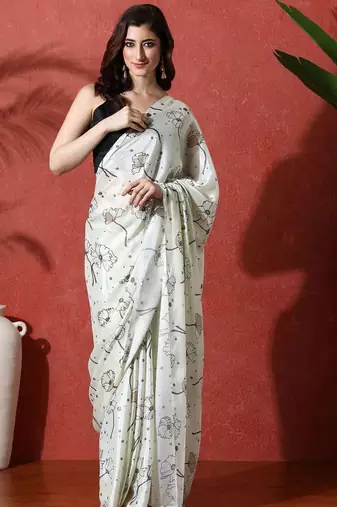 Lime ready to wear satin floral digital printed saree